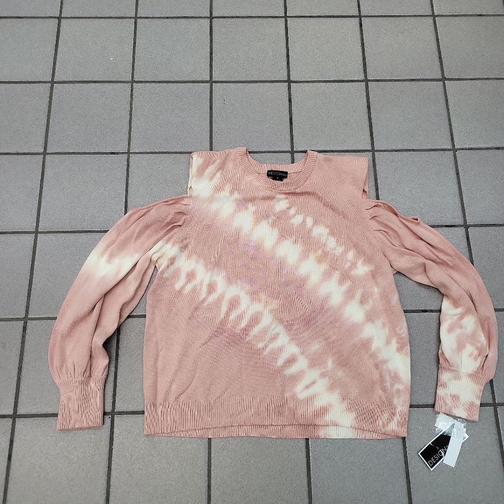 NWT Women's 2X Design365 Tie-Die Sweater Cut-Out Shoulders pink & white